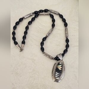 MAJESTIC THOMAS FRANCISCO NAVAJO OPAL & ONYX STERLING PENDANT ON NECKLACE